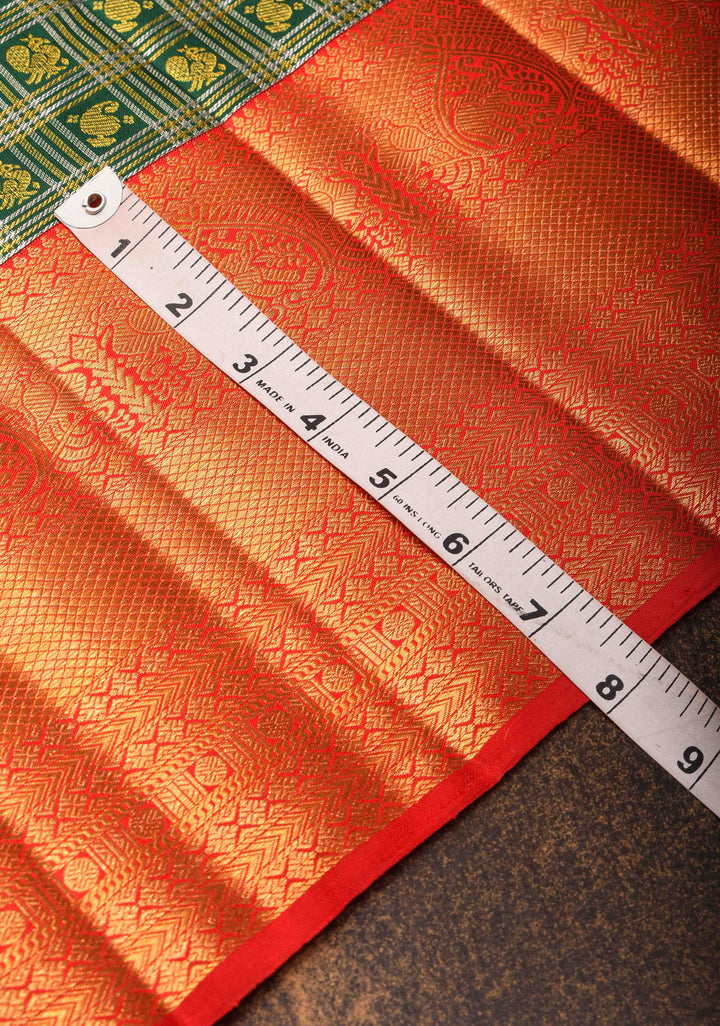 Green Checks Kanjivaram Silk Saree with Paisely Motifs Contrast Zari Border | SILK MARK CERTIFIED