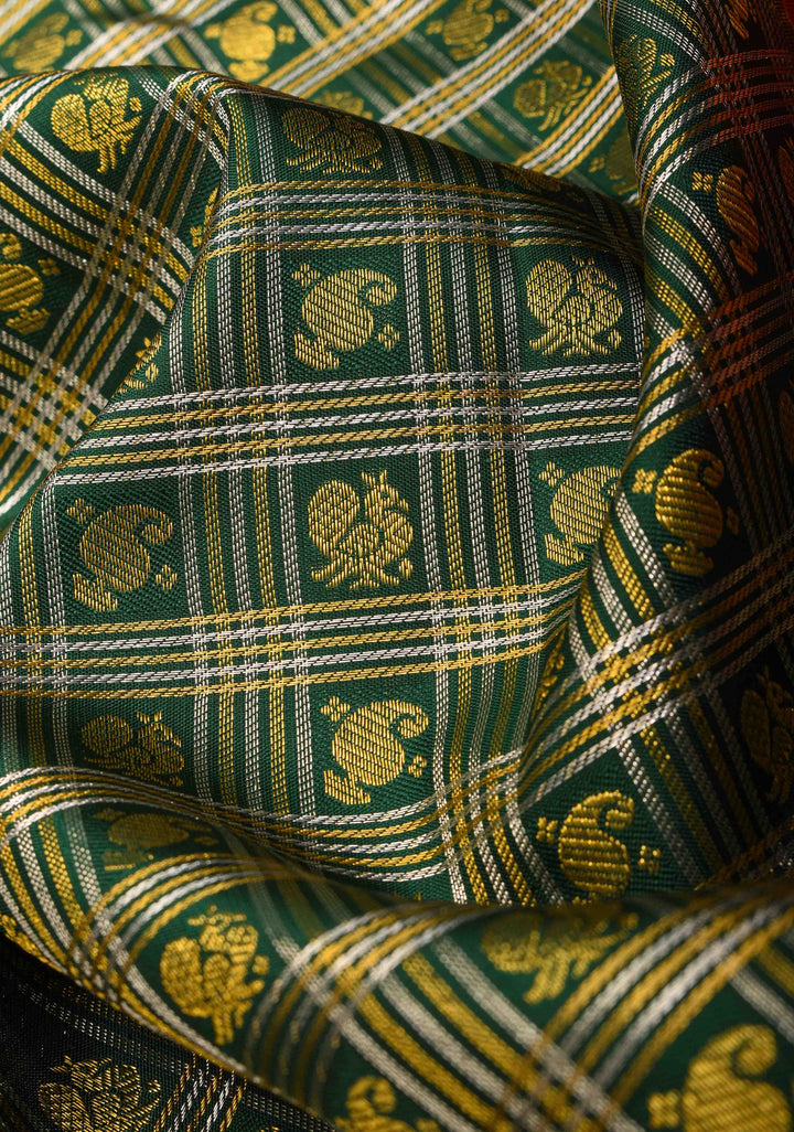 Green Checks Kanjivaram Silk Saree with Paisely Motifs Contrast Zari Border | SILK MARK CERTIFIED