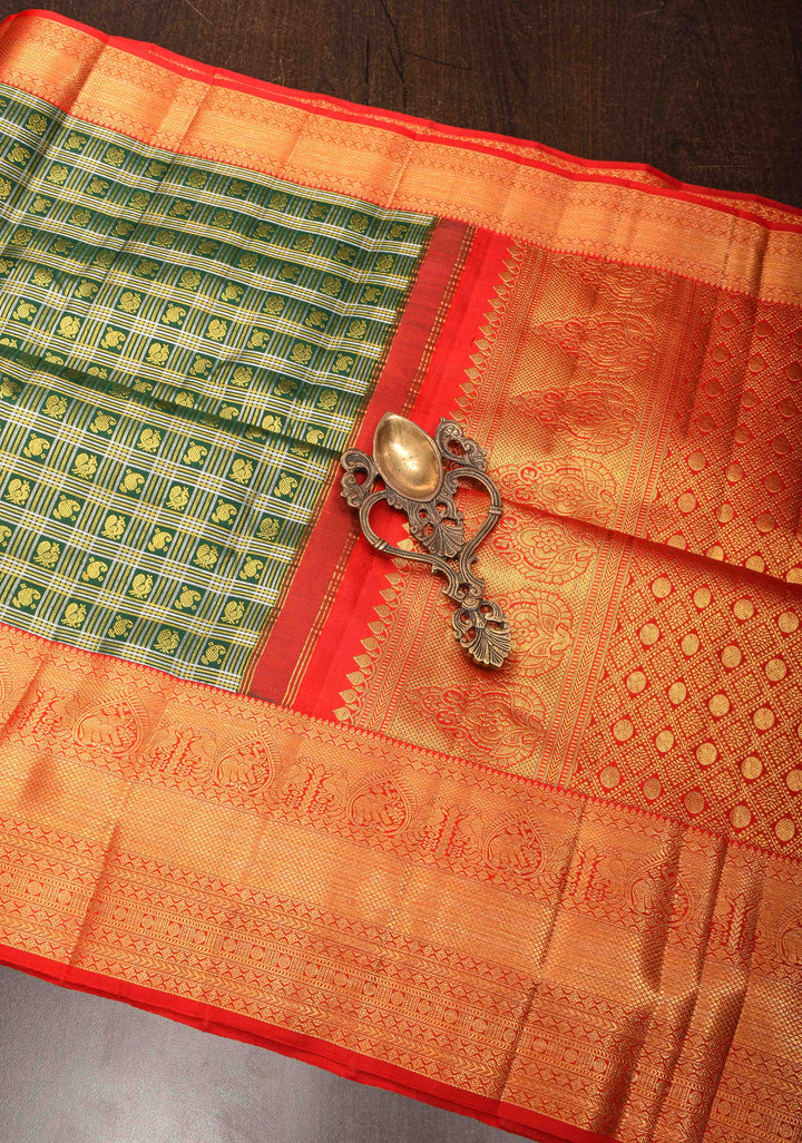 Green Checks Kanjivaram Silk Saree with Paisely Motifs Contrast Zari Border | SILK MARK CERTIFIED