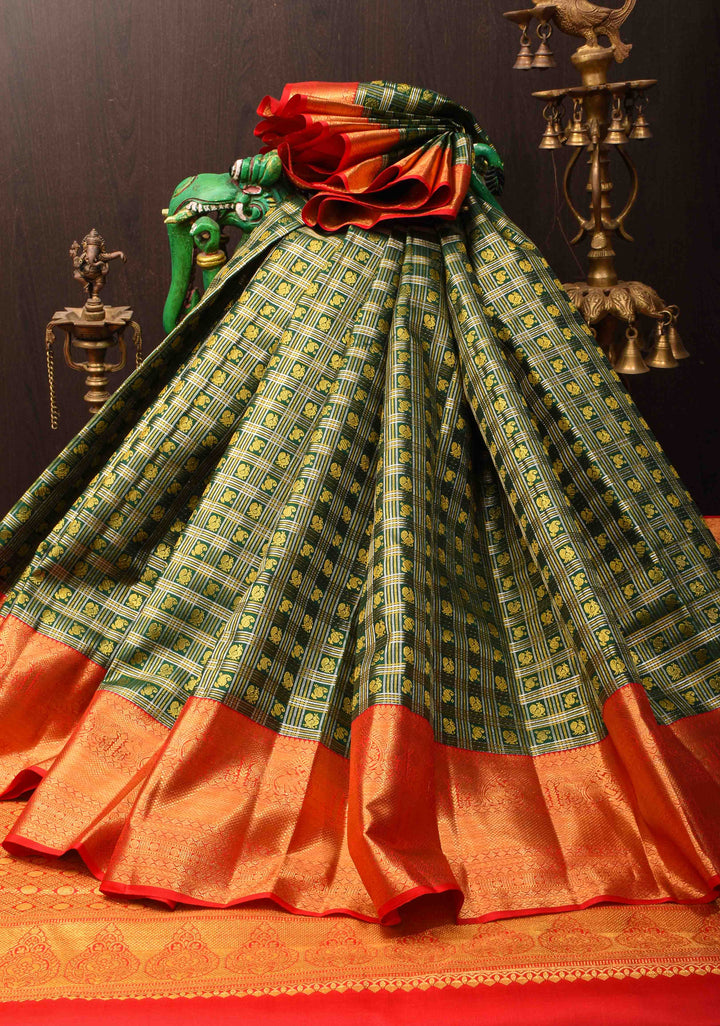 Green Checks Kanjivaram Silk Saree with Paisely Motifs Contrast Zari Border | SILK MARK CERTIFIED