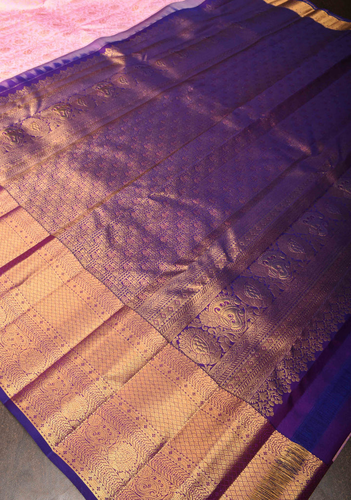 Carnation Pink Kanjivaram Silk Saree with Floral jaal and Contrast Zari Boder | SILK MARK CERTIFIED