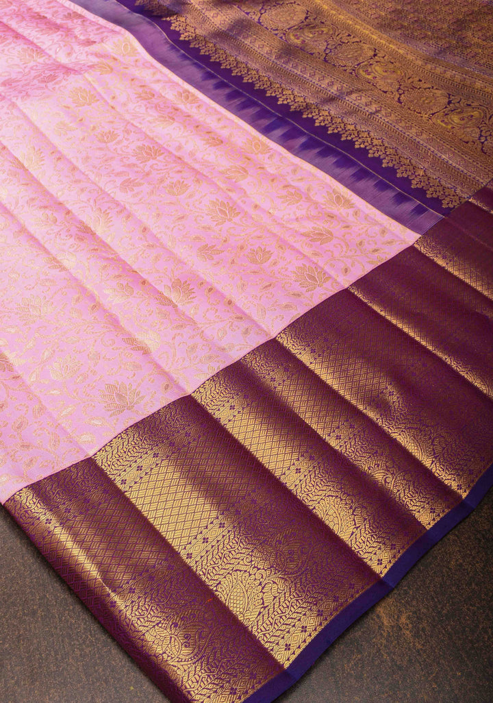 Carnation Pink Kanjivaram Silk Saree with Floral jaal and Contrast Zari Boder | SILK MARK CERTIFIED