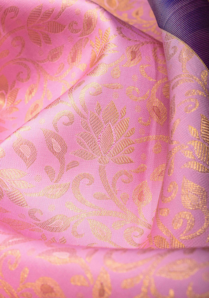 Carnation Pink Kanjivaram Silk Saree with Floral jaal and Contrast Zari Boder | SILK MARK CERTIFIED