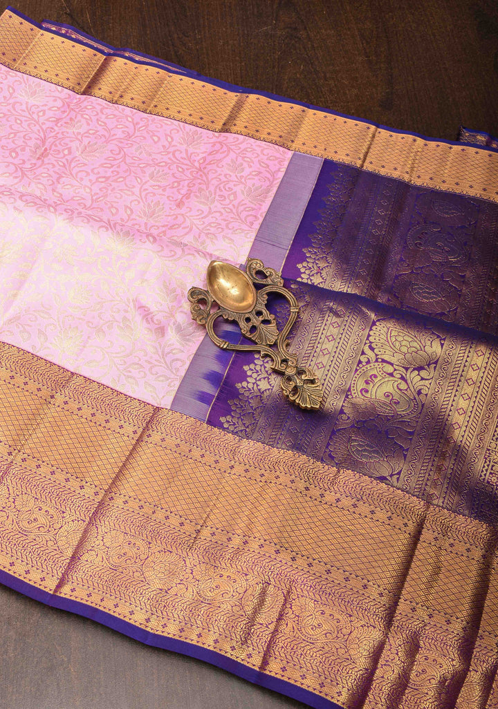 Carnation Pink Kanjivaram Silk Saree with Floral jaal and Contrast Zari Boder | SILK MARK CERTIFIED