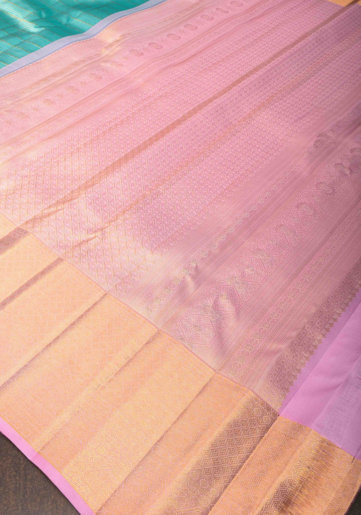 Dark Cyan Kanjivaram Silk Saree with Zari Horizontal Stripes with Contrast Zari Border | SILK MARK CERTIFIED