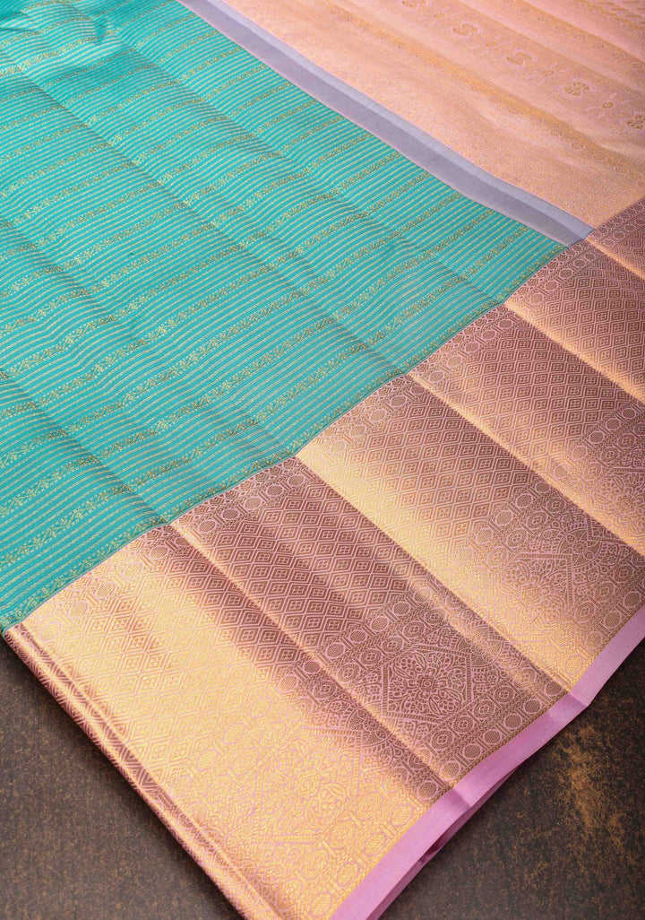 Dark Cyan Kanjivaram Silk Saree with Zari Horizontal Stripes with Contrast Zari Border | SILK MARK CERTIFIED