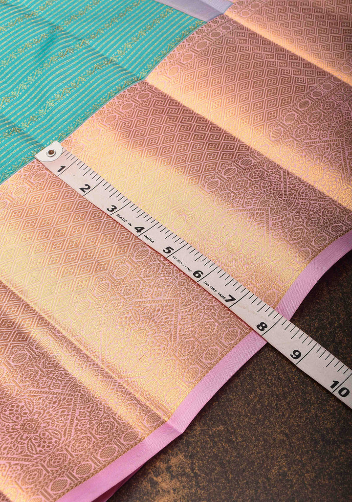 Dark Cyan Kanjivaram Silk Saree with Zari Horizontal Stripes with Contrast Zari Border | SILK MARK CERTIFIED