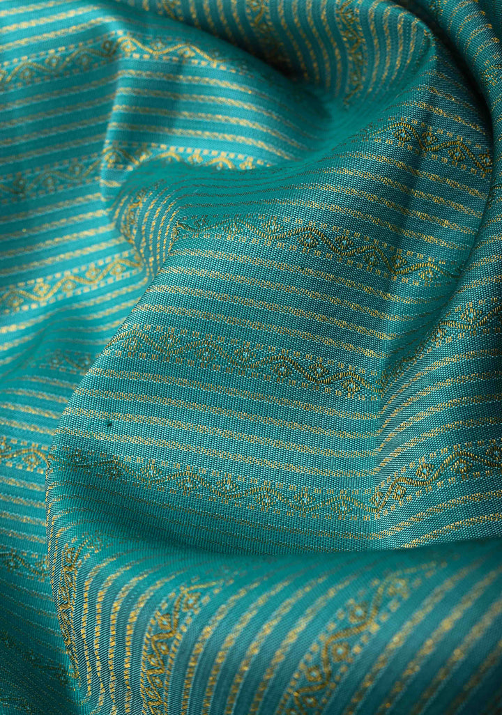 Dark Cyan Kanjivaram Silk Saree with Zari Horizontal Stripes with Contrast Zari Border | SILK MARK CERTIFIED