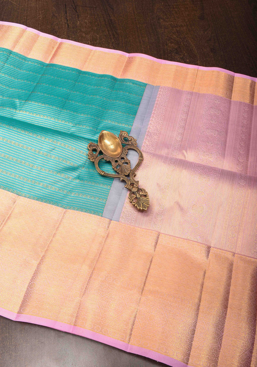 Dark Cyan Kanjivaram Silk Saree with Zari Horizontal Stripes with Contrast Zari Border | SILK MARK CERTIFIED