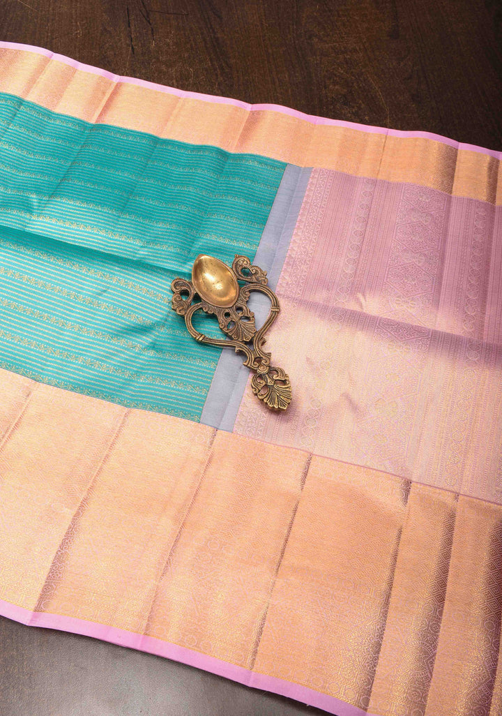 Dark Cyan Kanjivaram Silk Saree with Zari Horizontal Stripes with Contrast Zari Border | SILK MARK CERTIFIED