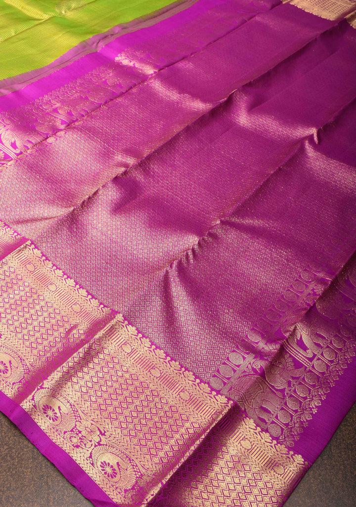 Lime Green Podi-Kattam Zari Checks Kanjivaram Silk Saree with Damask Buttas and Zari Border| SILK MARK CERTIFIED