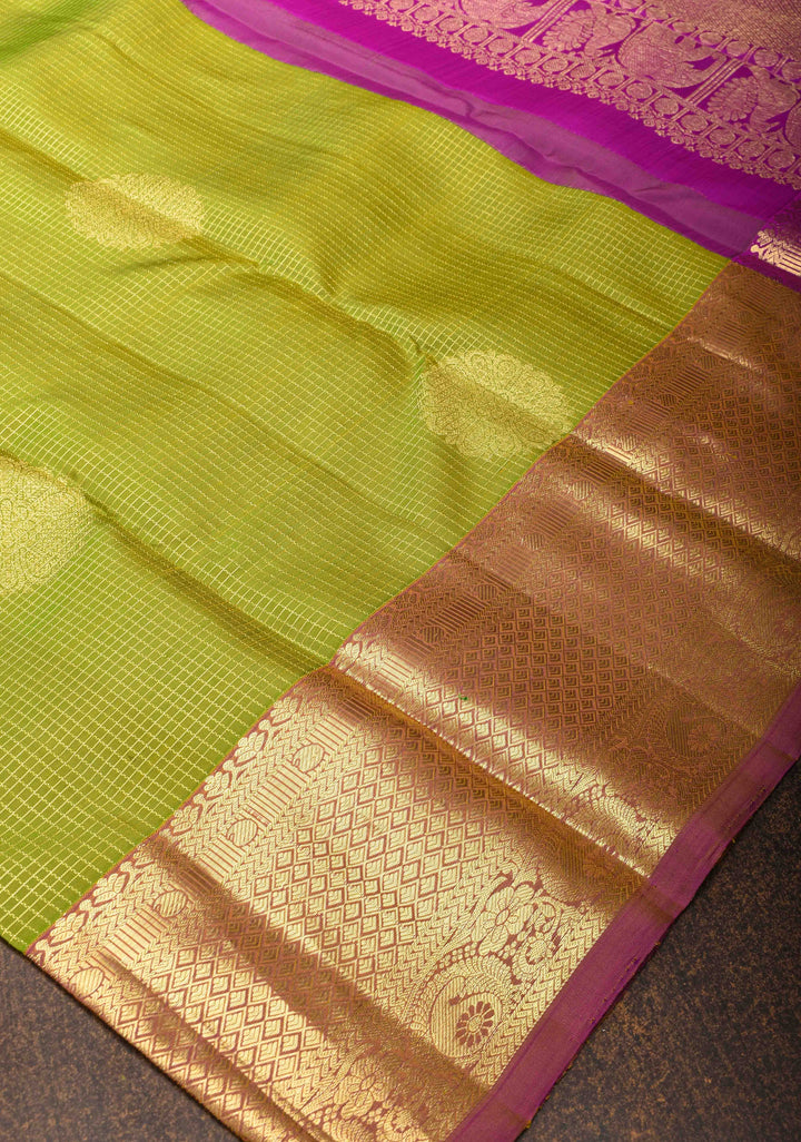 Lime Green Podi-Kattam Zari Checks Kanjivaram Silk Saree with Damask Buttas and Zari Border| SILK MARK CERTIFIED