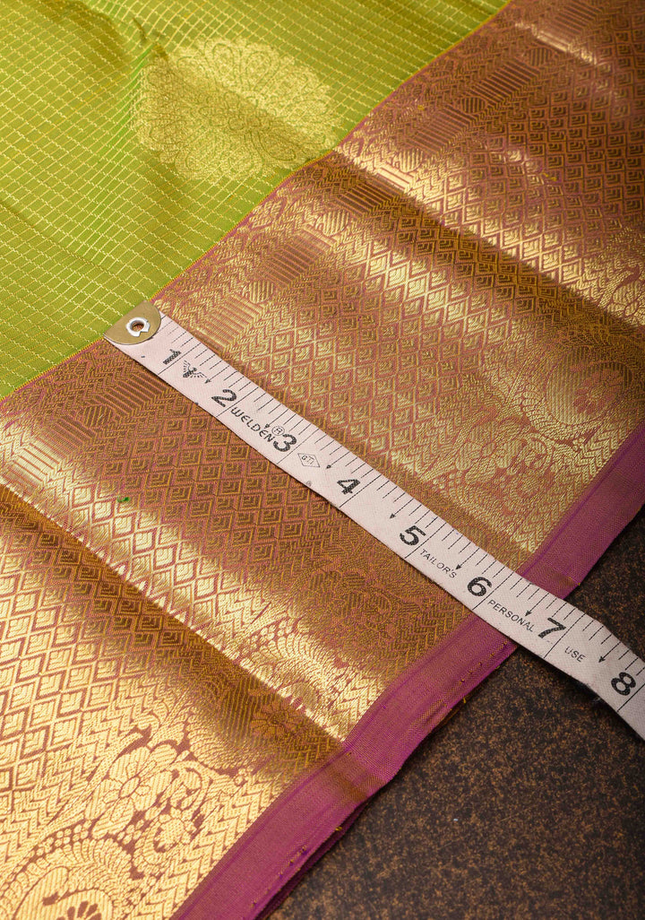 Lime Green Podi-Kattam Zari Checks Kanjivaram Silk Saree with Damask Buttas and Zari Border| SILK MARK CERTIFIED