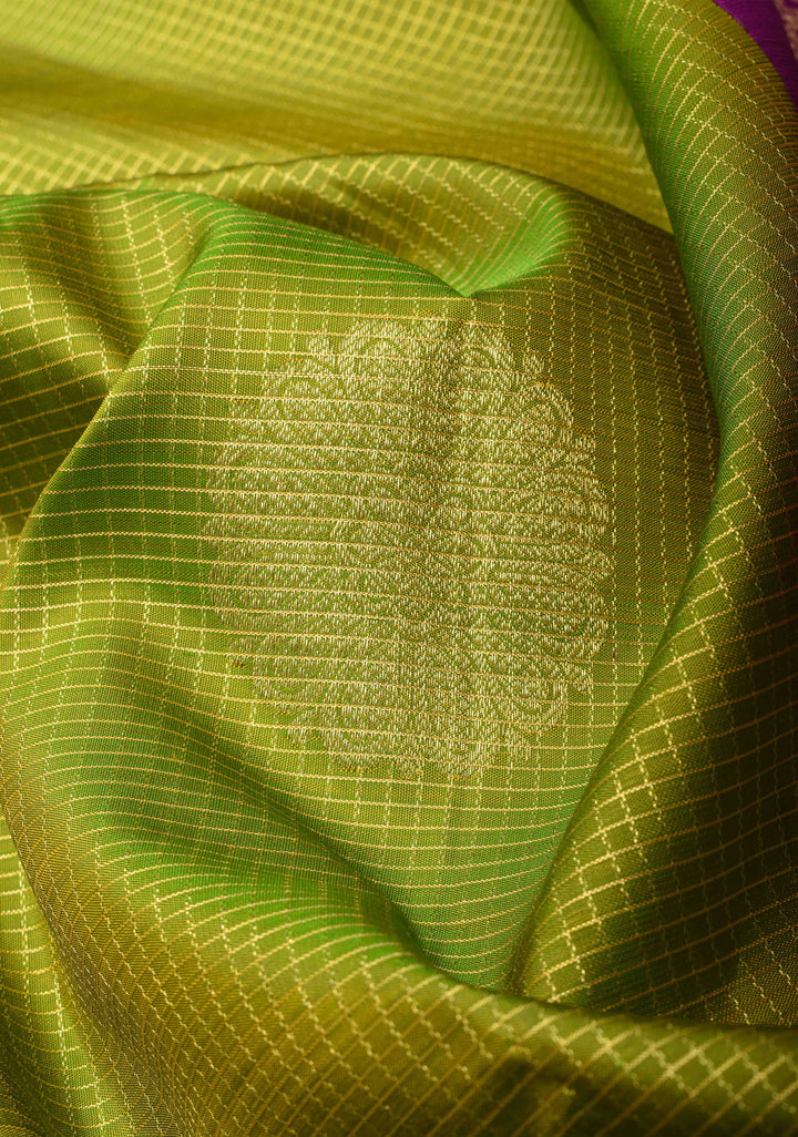 Lime Green Podi-Kattam Zari Checks Kanjivaram Silk Saree with Damask Buttas and Zari Border| SILK MARK CERTIFIED