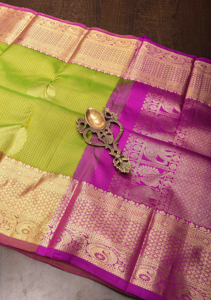 Lime Green Podi-Kattam Zari Checks Kanjivaram Silk Saree with Damask Buttas and Zari Border| SILK MARK CERTIFIED