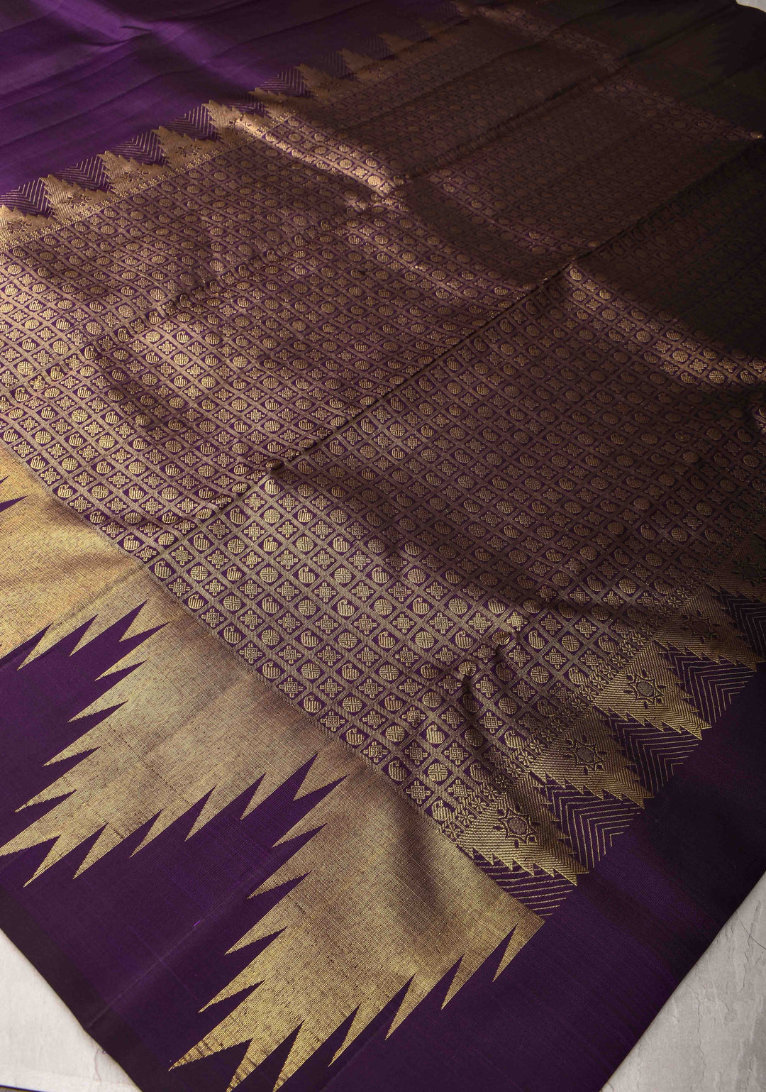 Grape Purple Kanjivaram Pure Silk Saree with Gold Zari Temple border | SILK MARK CERTIFIED