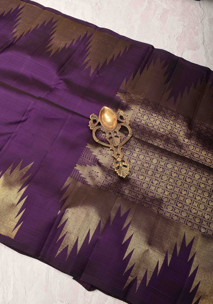 Grape Purple Kanjivaram Pure Silk Saree with Gold Zari Temple border | SILK MARK CERTIFIED