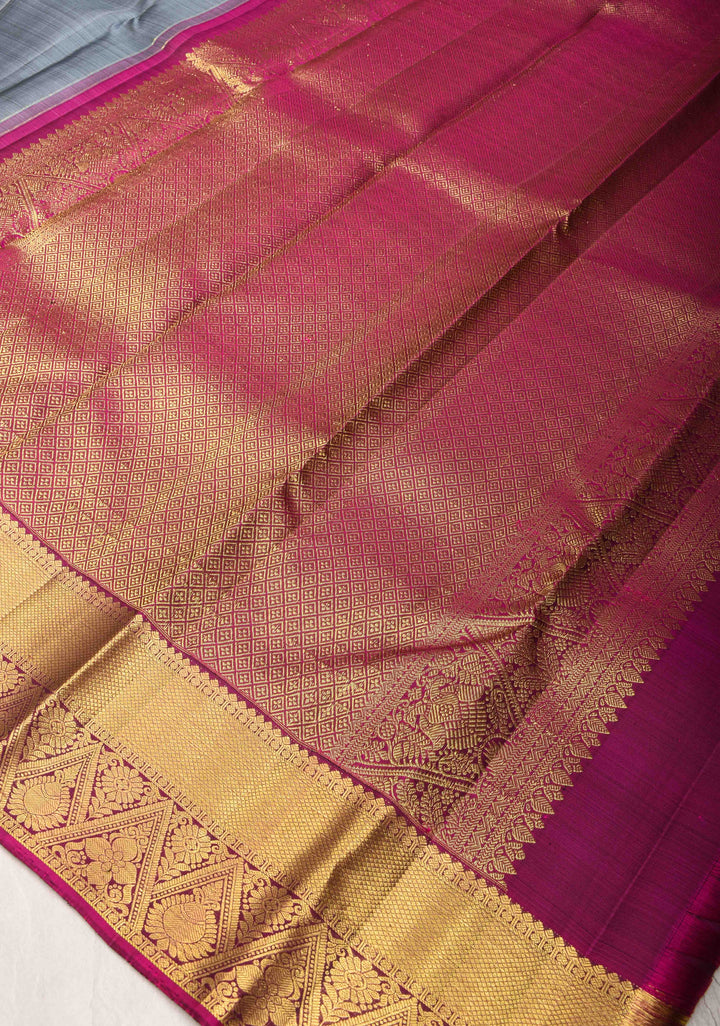 Cement Gray Kanjivaram Silk Saree with zari Buttas and Contrast Zari Border | SILK MARK CERTIFIED