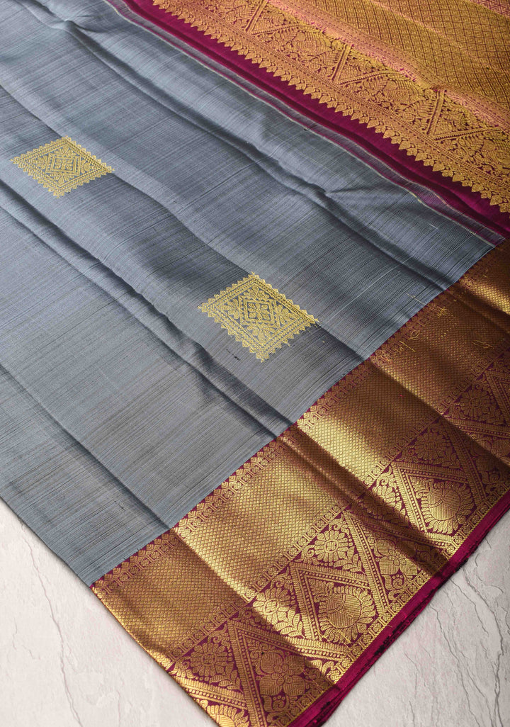 Cement Gray Kanjivaram Silk Saree with zari Buttas and Contrast Zari Border | SILK MARK CERTIFIED