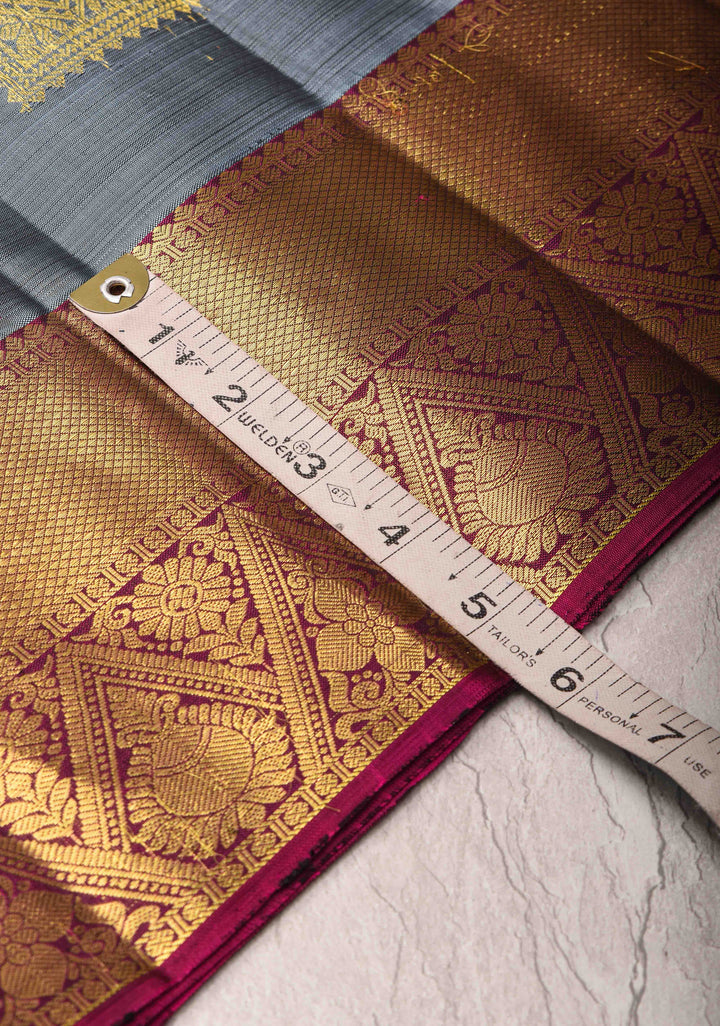 Cement Gray Kanjivaram Silk Saree with zari Buttas and Contrast Zari Border | SILK MARK CERTIFIED