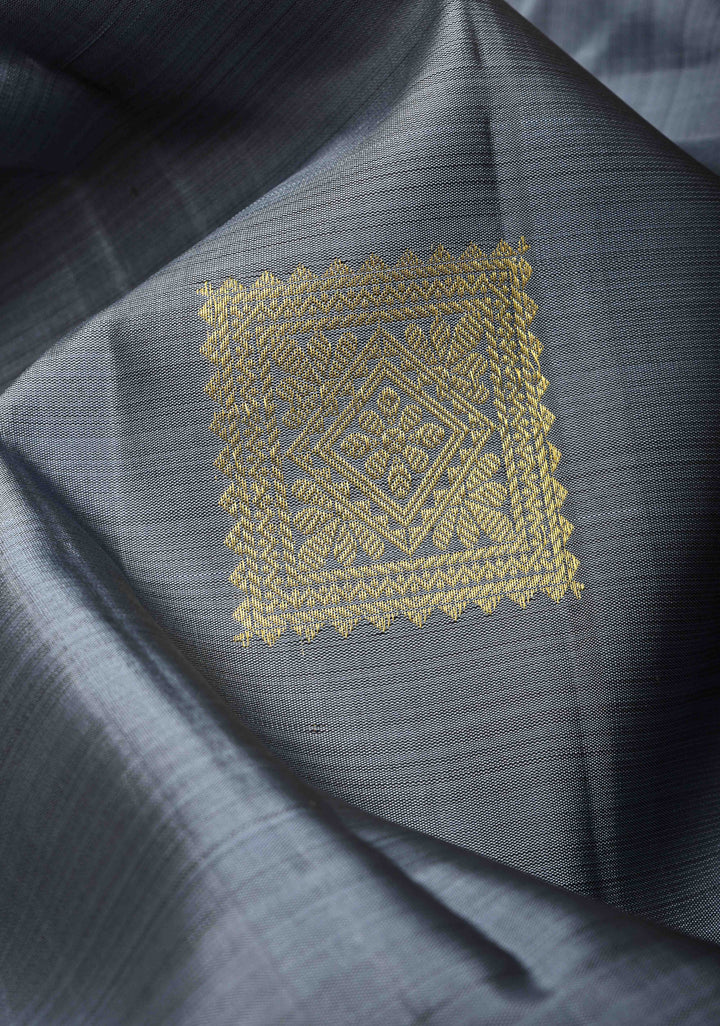 Cement Gray Kanjivaram Silk Saree with zari Buttas and Contrast Zari Border | SILK MARK CERTIFIED