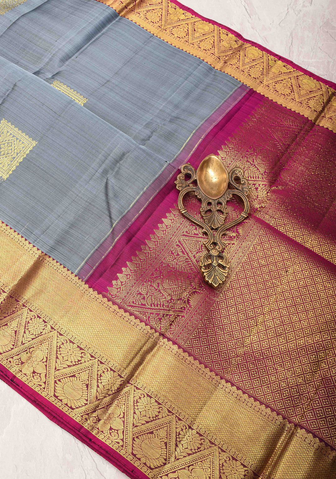 Cement Gray Kanjivaram Silk Saree with zari Buttas and Contrast Zari Border | SILK MARK CERTIFIED