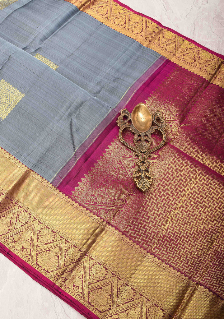 Cement Gray Kanjivaram Silk Saree with zari Buttas and Contrast Zari Border | SILK MARK CERTIFIED