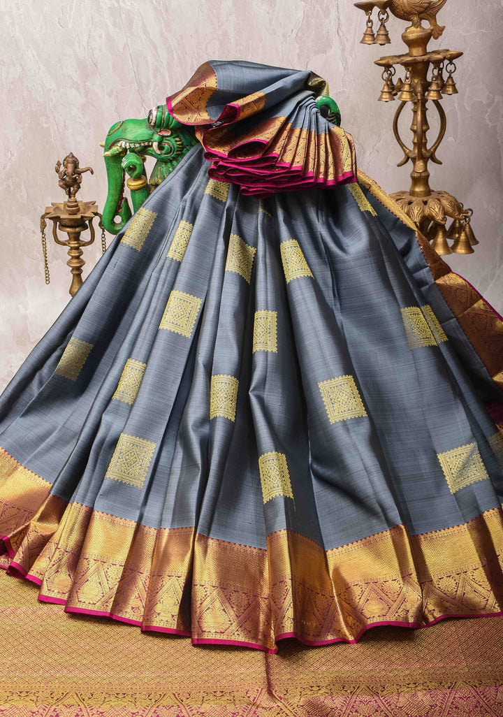 Cement Gray Kanjivaram Silk Saree with zari Buttas and Contrast Zari Border | SILK MARK CERTIFIED