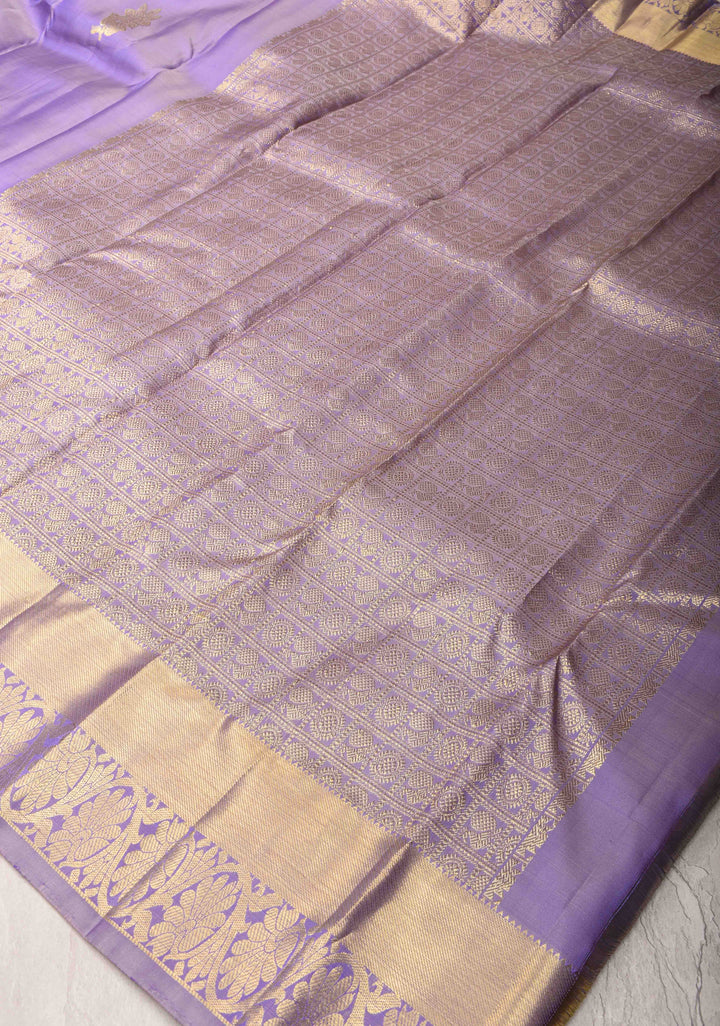 Lavender Kanjivaram Silk Saree with Floral Buttas and Zari Border | SILK MARK CERTIFIED