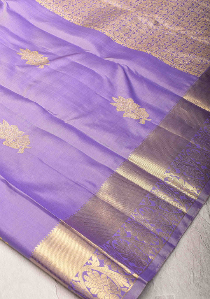 Lavender Kanjivaram Silk Saree with Floral Buttas and Zari Border | SILK MARK CERTIFIED