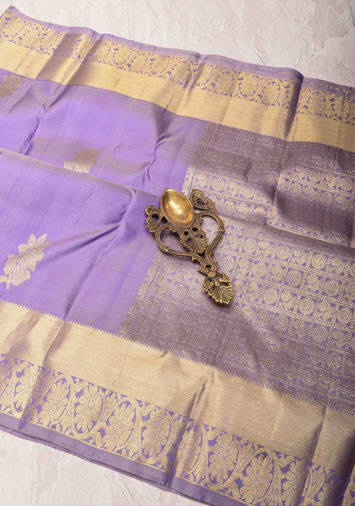 Lavender Kanjivaram Silk Saree with Floral Buttas and Zari Border | SILK MARK CERTIFIED