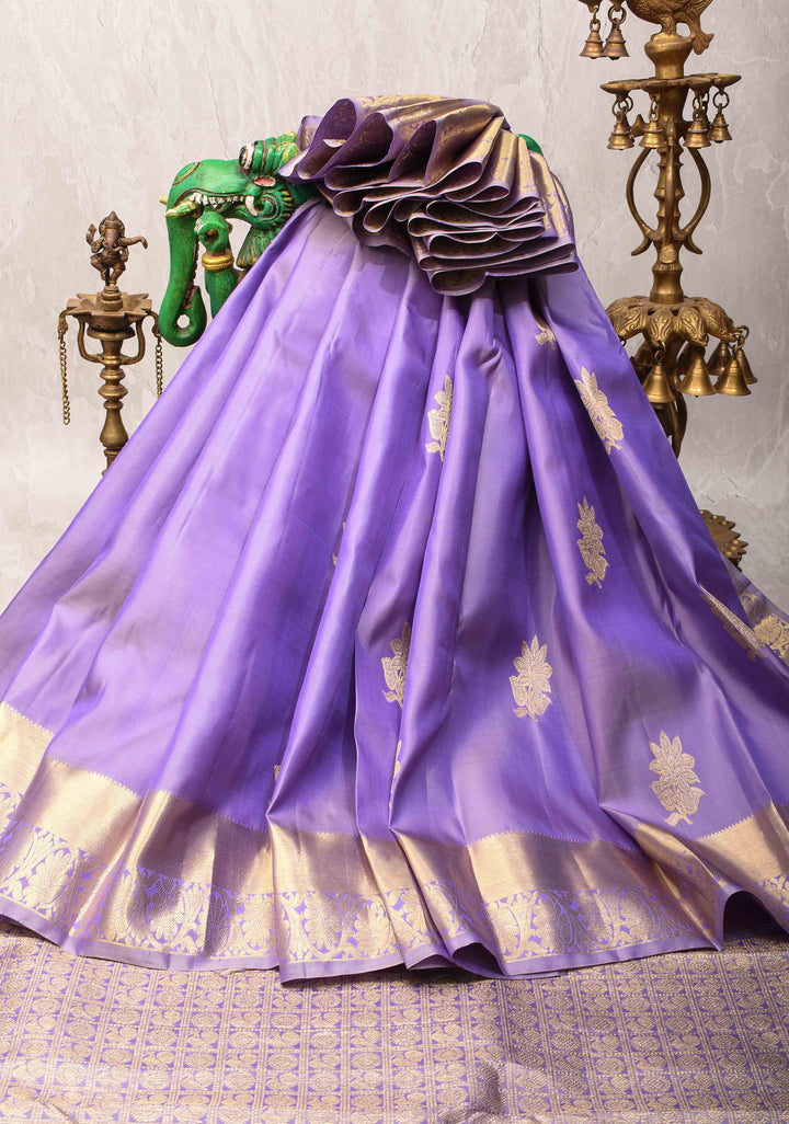 Lavender Kanjivaram Silk Saree with Floral Buttas and Zari Border | SILK MARK CERTIFIED