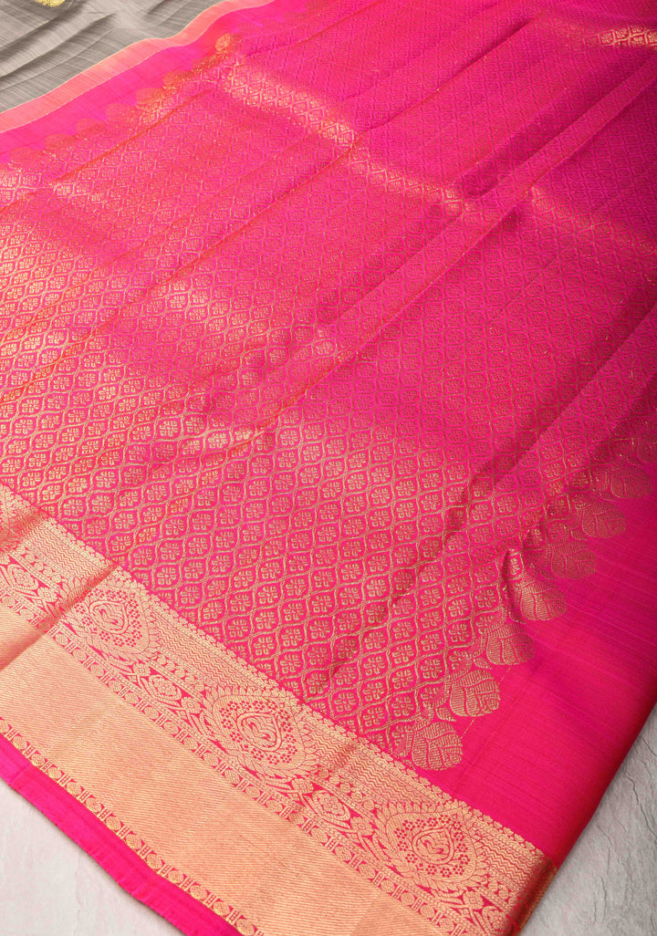 Gray Kanjivaram Silk Saree with Floral Buttas and Contrast Zari Border | SILK MARK CERTIFIED