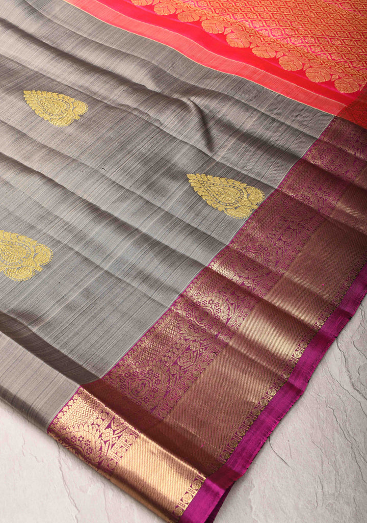 Gray Kanjivaram Silk Saree with Floral Buttas and Contrast Zari Border | SILK MARK CERTIFIED