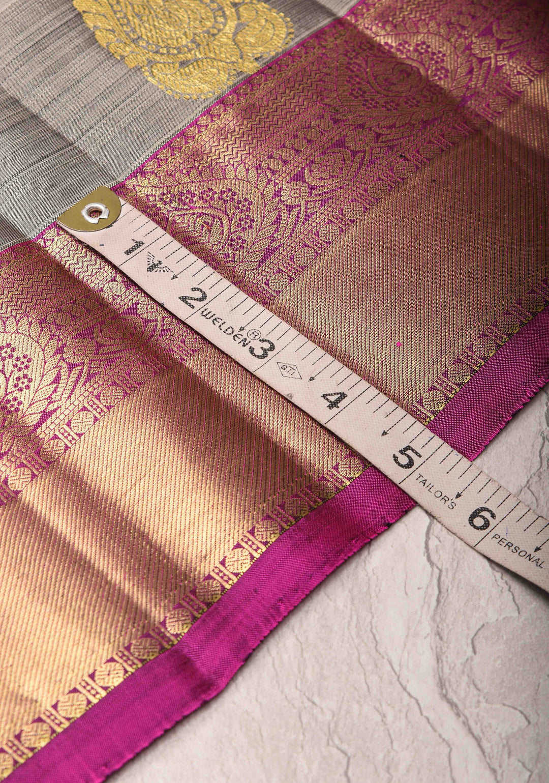 Gray Kanjivaram Silk Saree with Floral Buttas and Contrast Zari Border | SILK MARK CERTIFIED