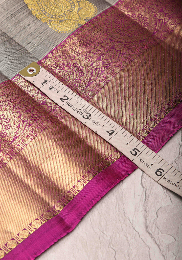 Gray Kanjivaram Silk Saree with Floral Buttas and Contrast Zari Border | SILK MARK CERTIFIED