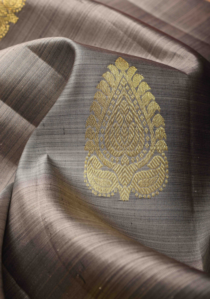Gray Kanjivaram Silk Saree with Floral Buttas and Contrast Zari Border | SILK MARK CERTIFIED