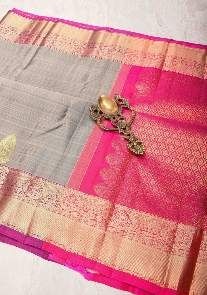 Gray Kanjivaram Silk Saree with Floral Buttas and Contrast Zari Border | SILK MARK CERTIFIED