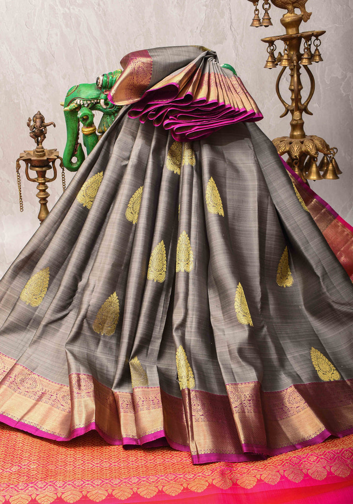 Gray Kanjivaram Silk Saree with Floral Buttas and Contrast Zari Border | SILK MARK CERTIFIED