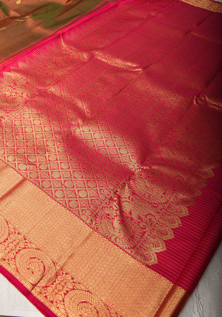 Brown and Green Dual tone Zari Checks Kanjivaram Silk Saree with Floral Buttas and Zari Border | SILK MARK CERTIFIED