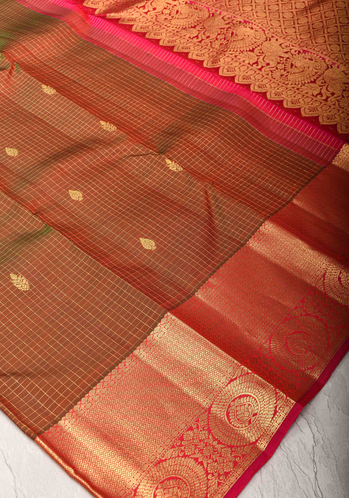 Brown and Green Dual tone Zari Checks Kanjivaram Silk Saree with Floral Buttas and Zari Border | SILK MARK CERTIFIED