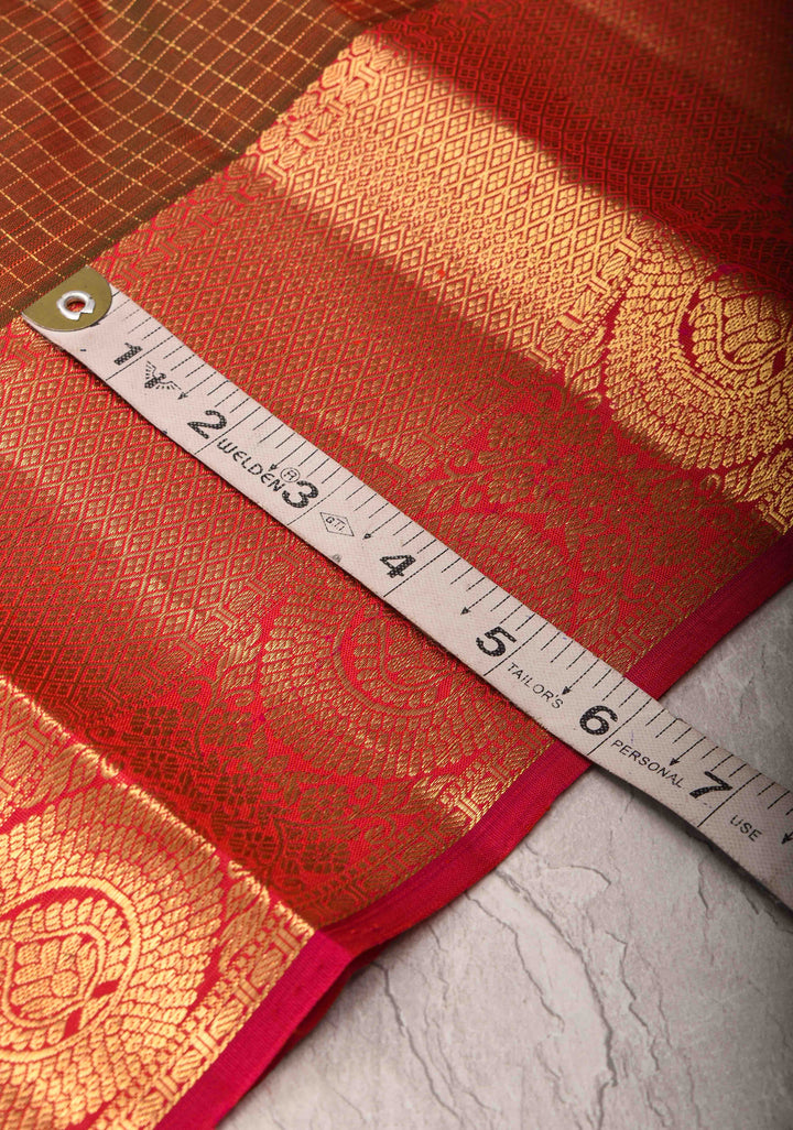 Brown and Green Dual tone Zari Checks Kanjivaram Silk Saree with Floral Buttas and Zari Border | SILK MARK CERTIFIED