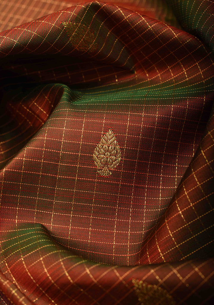 Brown and Green Dual tone Zari Checks Kanjivaram Silk Saree with Floral Buttas and Zari Border | SILK MARK CERTIFIED