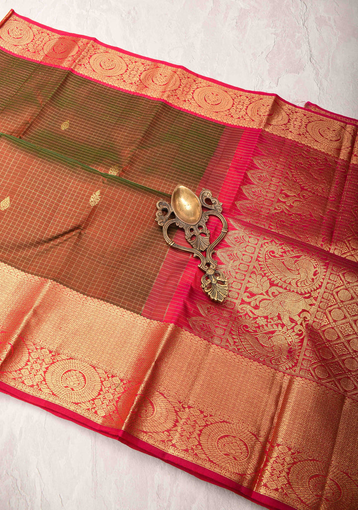 Brown and Green Dual tone Zari Checks Kanjivaram Silk Saree with Floral Buttas and Zari Border | SILK MARK CERTIFIED
