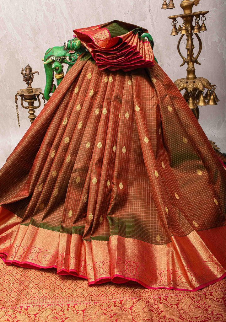 Brown and Green Dual tone Zari Checks Kanjivaram Silk Saree with Floral Buttas and Zari Border | SILK MARK CERTIFIED