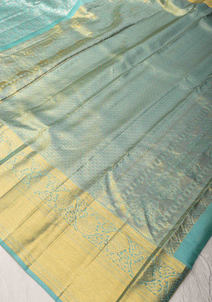 Vanasingaram Brocade Pure Kanjivaram Silk Saree in Cyan with Zari Border | SILK MARK CERTIFIED