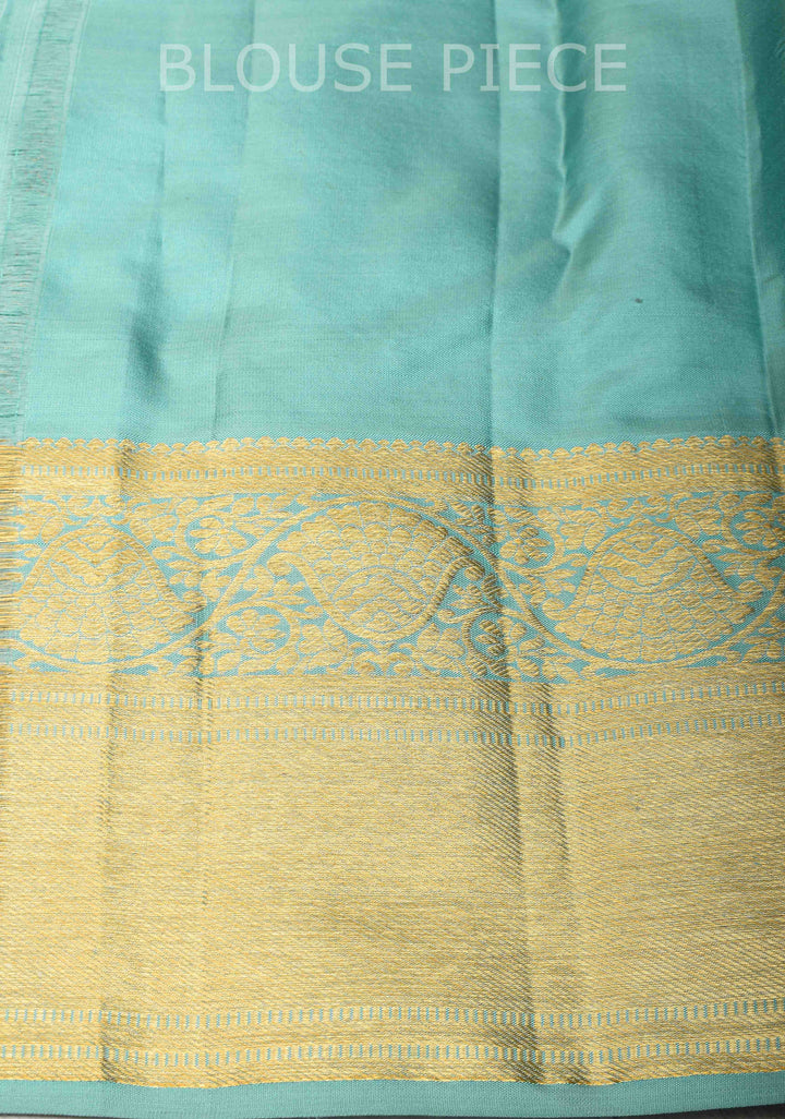Vanasingaram Brocade Pure Kanjivaram Silk Saree in Cyan with Zari Border | SILK MARK CERTIFIED