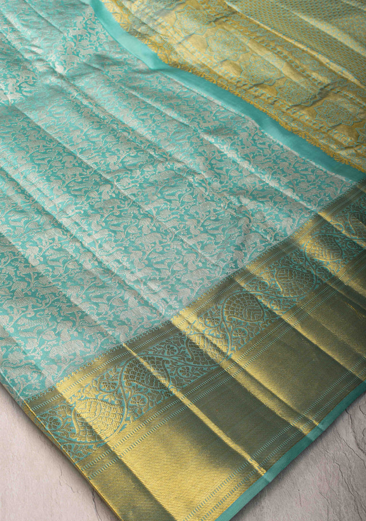 Vanasingaram Brocade Pure Kanjivaram Silk Saree in Cyan with Zari Border | SILK MARK CERTIFIED