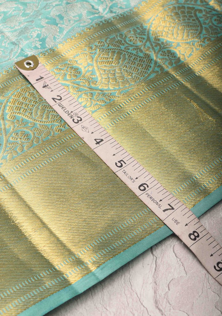 Vanasingaram Brocade Pure Kanjivaram Silk Saree in Cyan with Zari Border | SILK MARK CERTIFIED