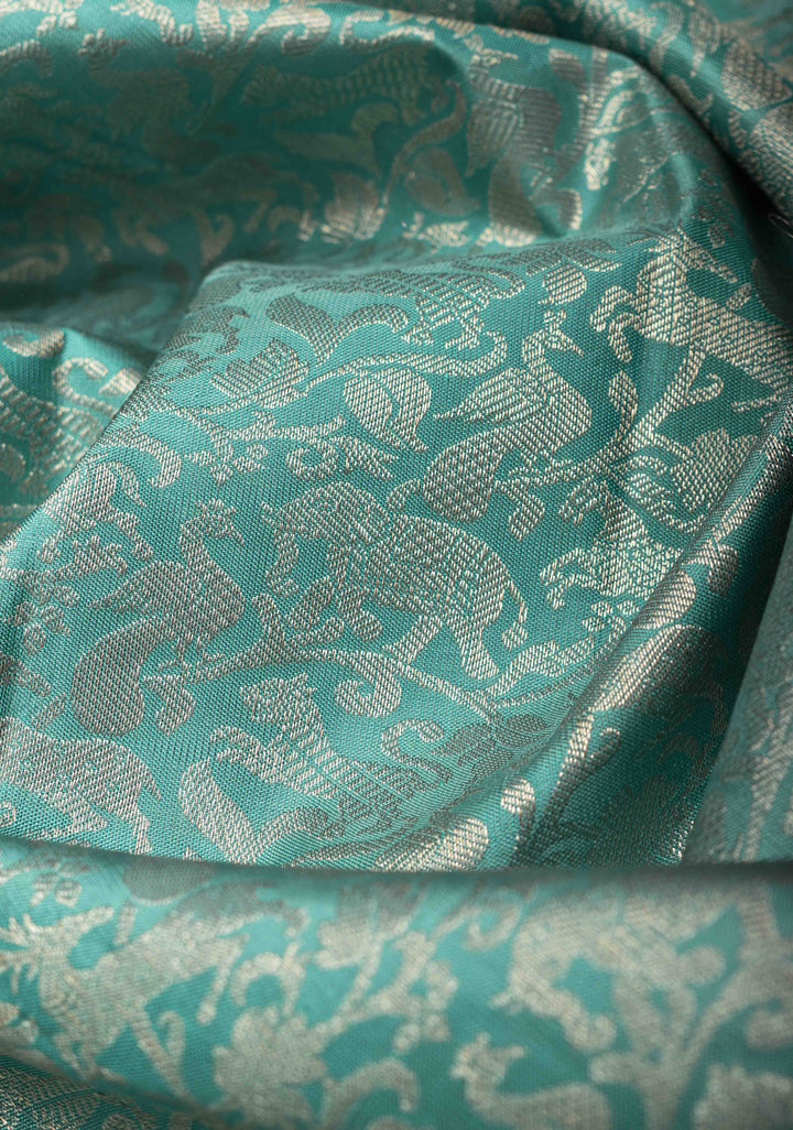 Vanasingaram Brocade Pure Kanjivaram Silk Saree in Cyan with Zari Border | SILK MARK CERTIFIED